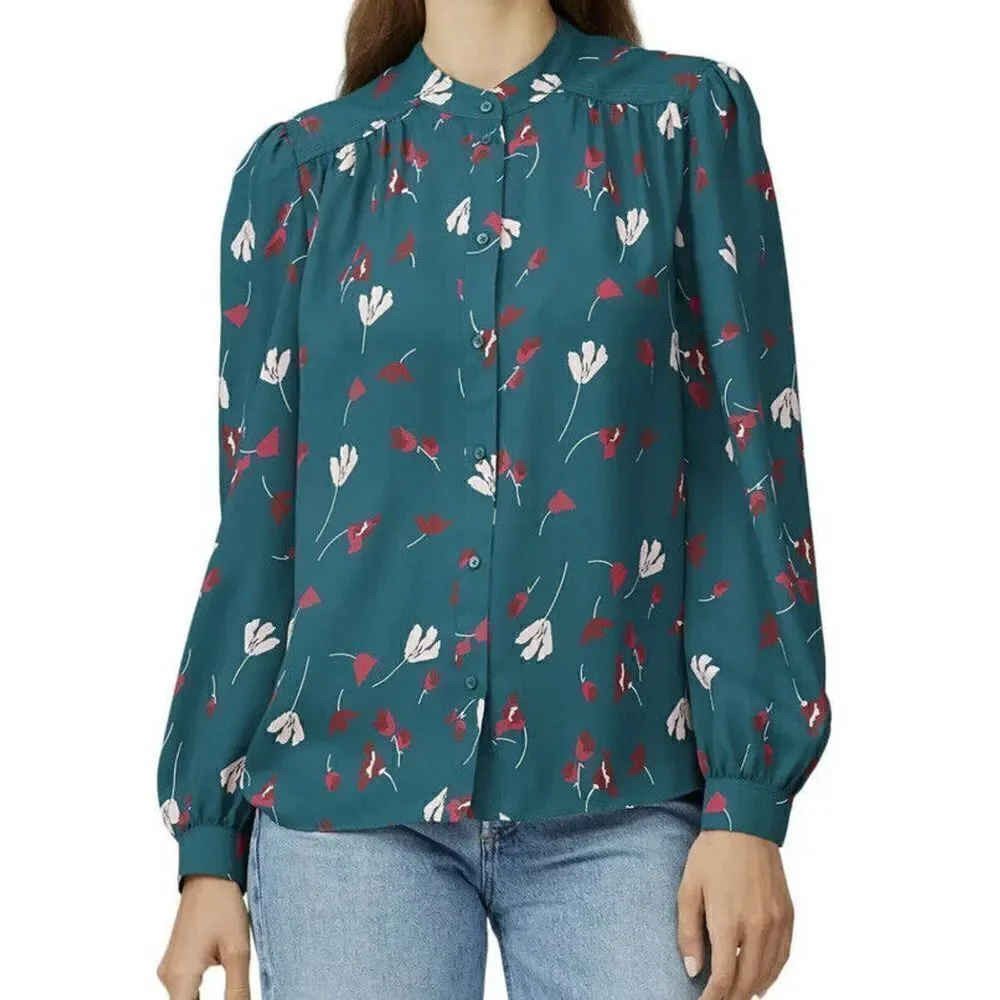 JOIE Women’s Myella Floral Print Blouse Size XXS Teal Long Sleeve Button Top - Picture 3 of 12